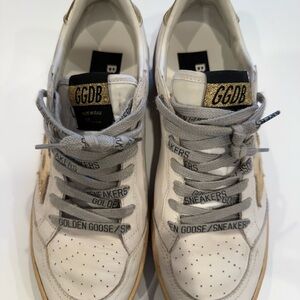 Golden Goose White and Cream Sneakers with Gold Accents
